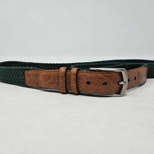 TORINO BROWN LEATHER DARK GREEN COTTON WOVEN SILVER BUCKLE MENS BELT SIZE 48